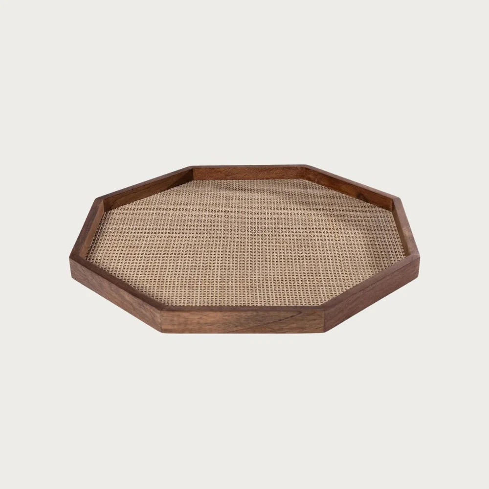 MANGO WOOD WITH RATTAN INLAY OCTAGONAL TRAY - 18IN