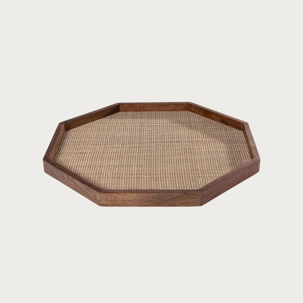MANGO WOOD WITH RATTAN INLAY OCTAGONAL TRAY - 18IN