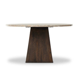 Round dining table with marble top and wooden base on a white background