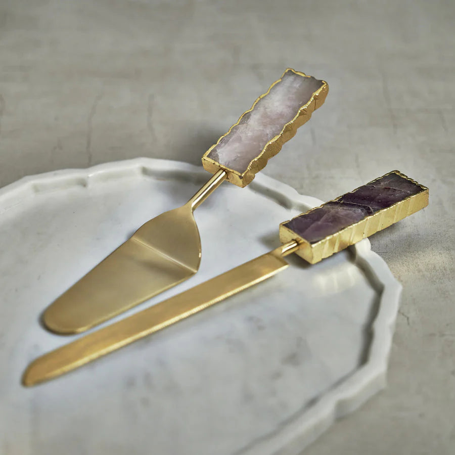 MATT GOLD CAKE SERVER SET WITH AGATE HANDLES