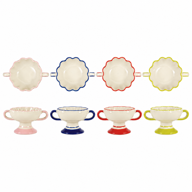HAND-PAINTED STONEWARE SCALLOPED FOOTED BOWL WITH HANDLES, 4 COLORS