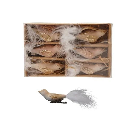 GLASS & FEATHER BIRD CLIP - ON ORNAMENTS BOXED - SET OF 6
