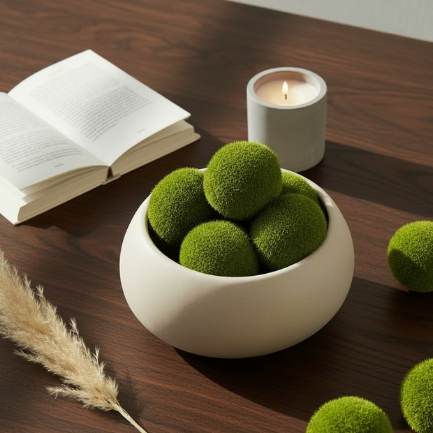 A package of Forest Ball moss in the Light green scent, shown in a square box with a white label and patterned brown border, placed on a textured light gray surface.