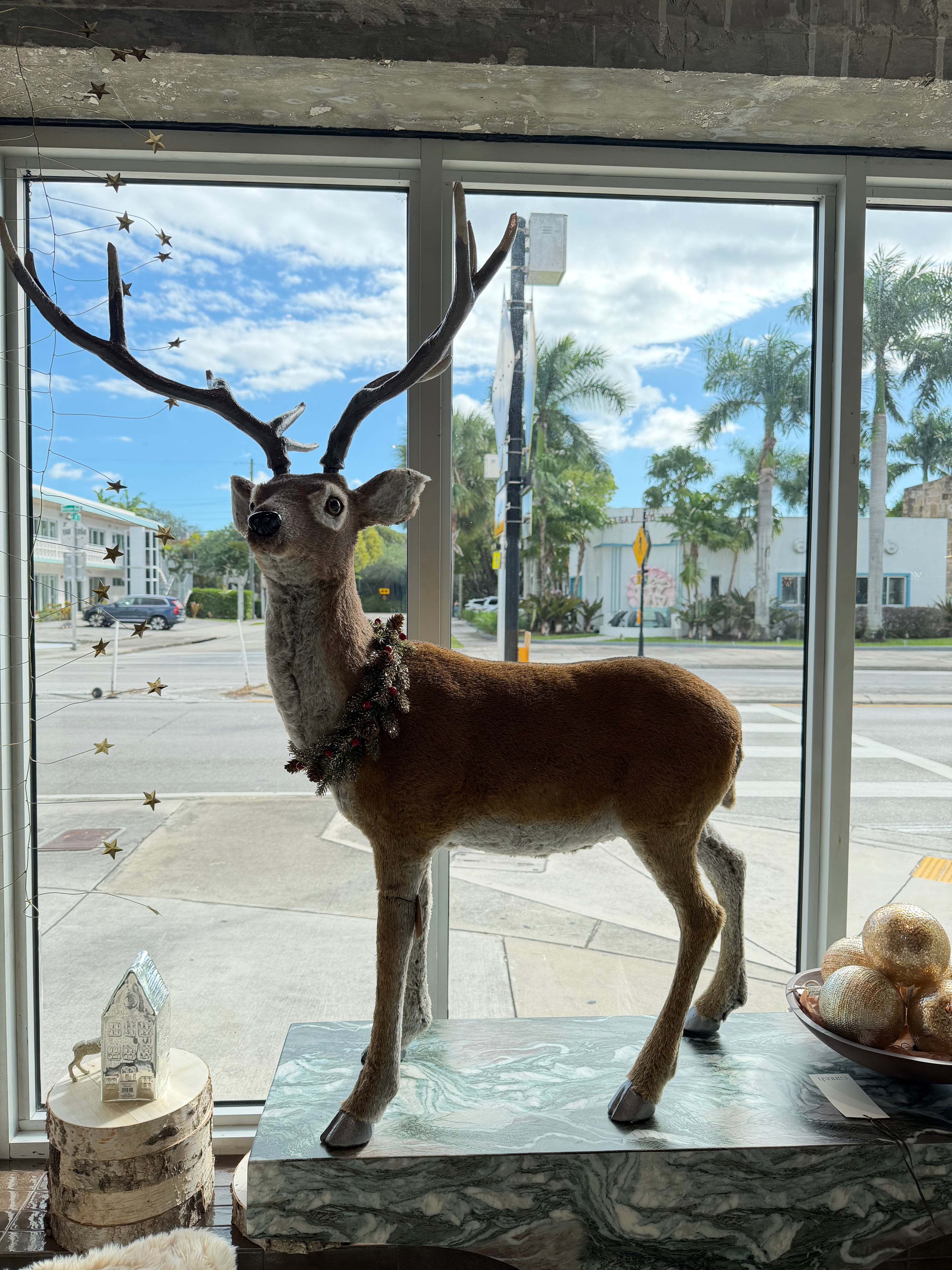 FOAM & FAUX FUR DEER WITH WREATH & PLASTIC ANTLERS