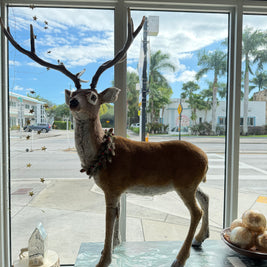 FOAM & FAUX FUR DEER WITH WREATH & PLASTIC ANTLERS