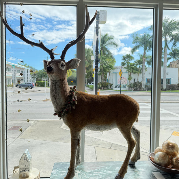 FOAM & FAUX FUR DEER WITH WREATH & PLASTIC ANTLERS