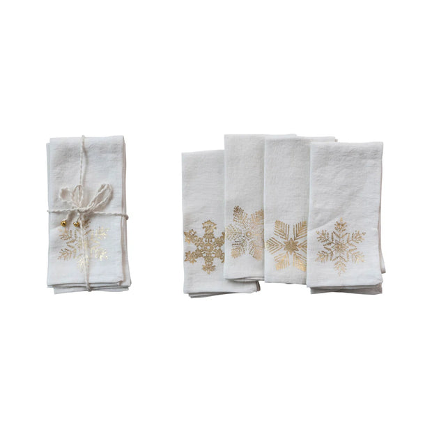 LINEN PRINTED NAPKINS W/ GOLD FOILF SNOWFLAKE - SET OF 4 BUNDLED W/ TIE & BELLS