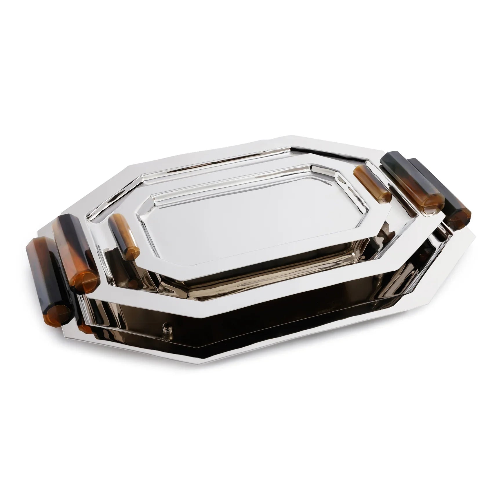 OCTAGON ALLOY TRAY WITH HORN HANDLES - POLISHED NICKEL - 11 IN