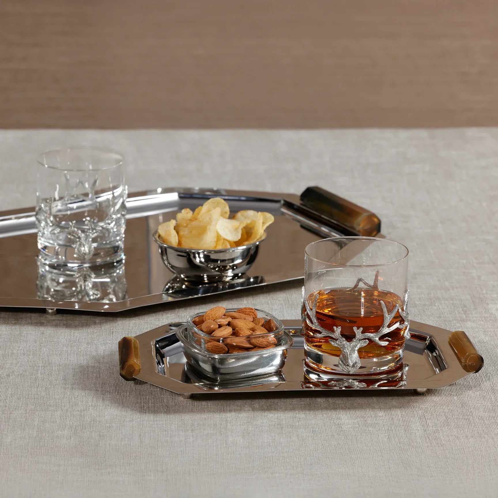 OCTAGON ALLOY TRAY WITH HORN HANDLES - POLISHED NICKEL - 11 IN