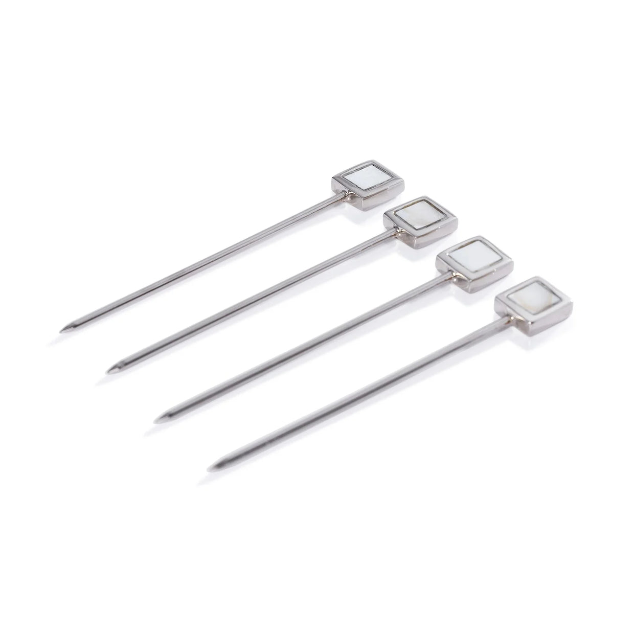 SPIGA SET OF 4 COCKTAIL PICKS WITH STAND - POLISHED NICKEL ALLOY WITH MOTHER OF PEARL ACCENT