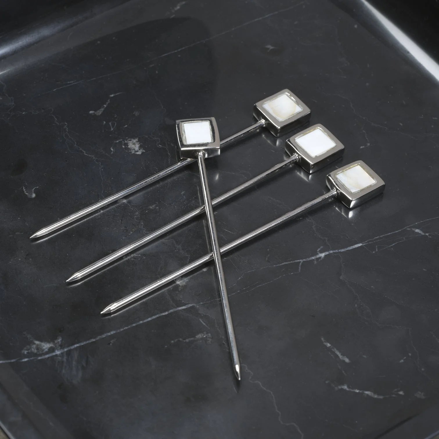 SPIGA SET OF 4 COCKTAIL PICKS WITH STAND - POLISHED NICKEL ALLOY WITH MOTHER OF PEARL ACCENT