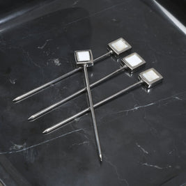 SPIGA SET OF 4 COCKTAIL PICKS WITH STAND - POLISHED NICKEL ALLOY WITH MOTHER OF PEARL ACCENT