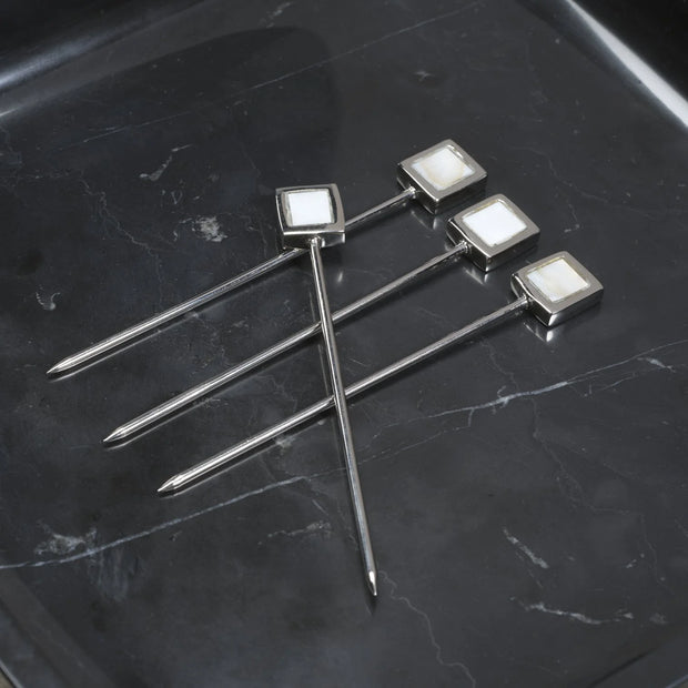 SPIGA SET OF 4 COCKTAIL PICKS WITH STAND - POLISHED NICKEL ALLOY WITH MOTHER OF PEARL ACCENT