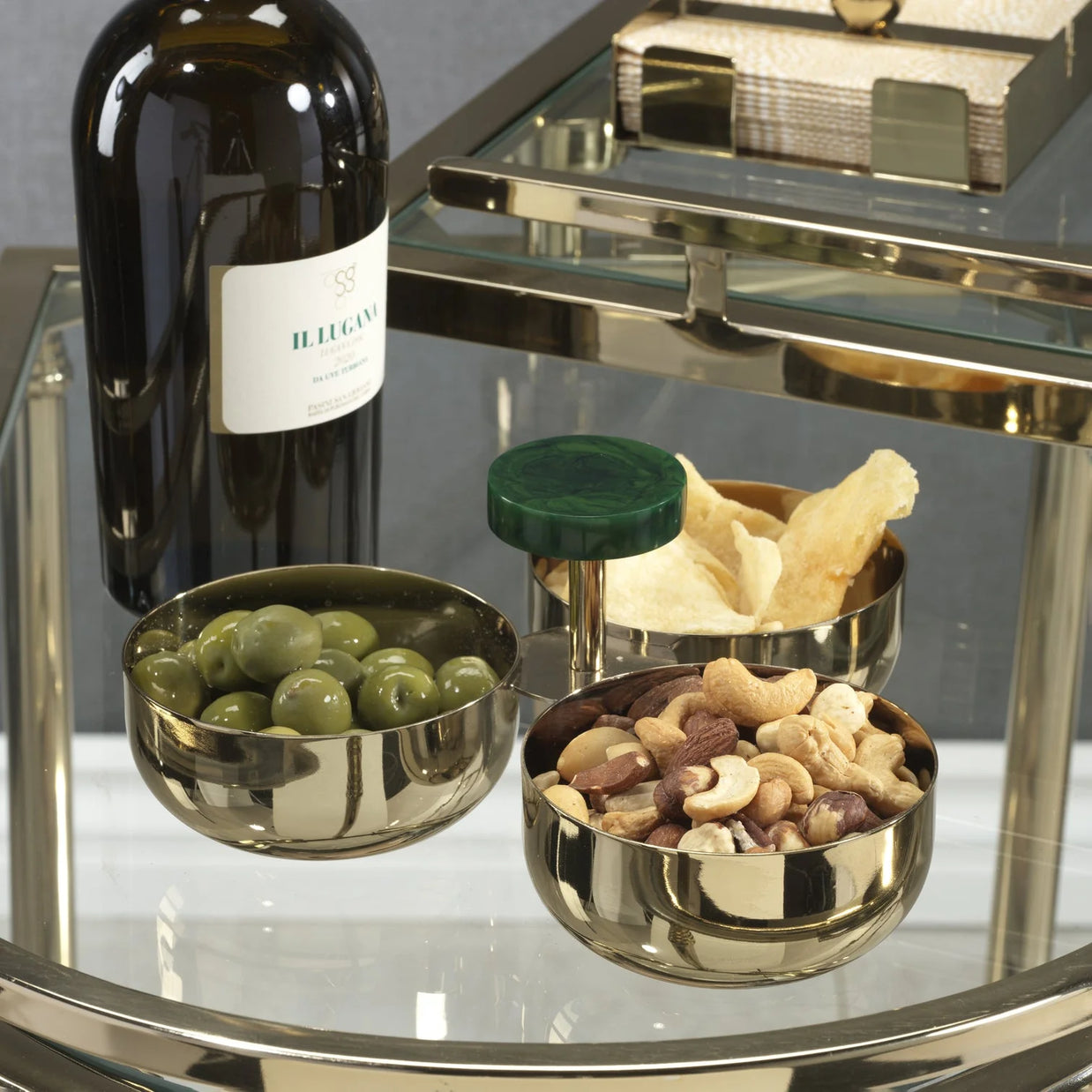 SPIGA CONDIMENT SET - GOLD WITH GREEN ACCENT