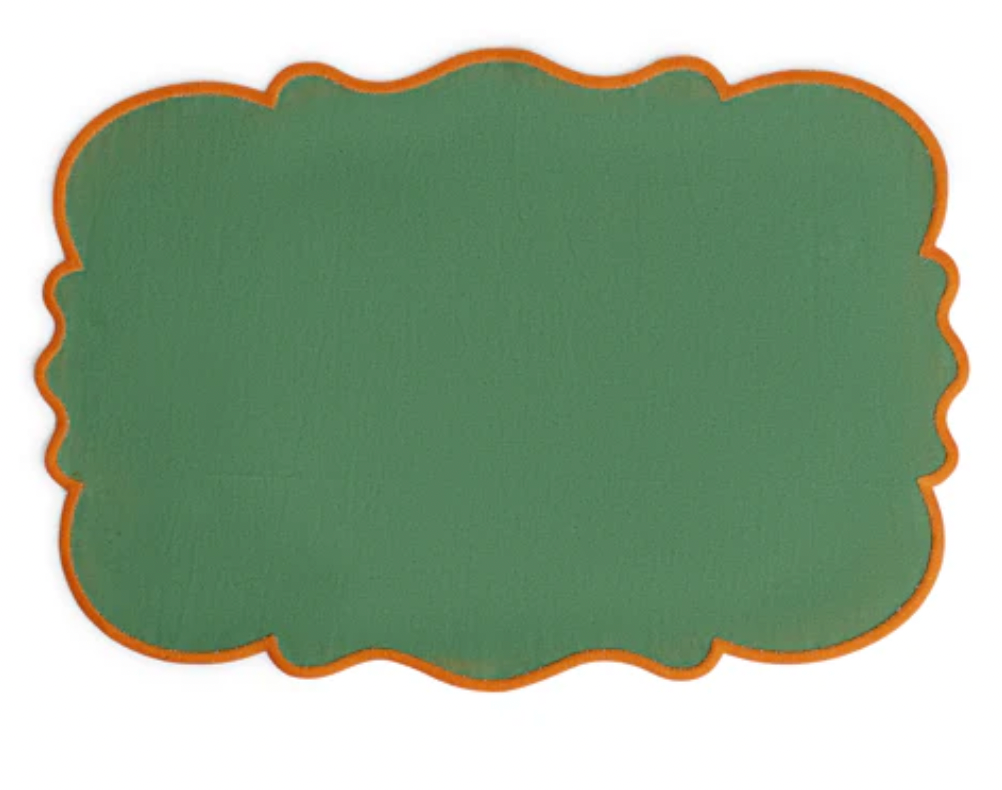 SET OF 2 PLACEMAT GREEN W ORANGE RIM