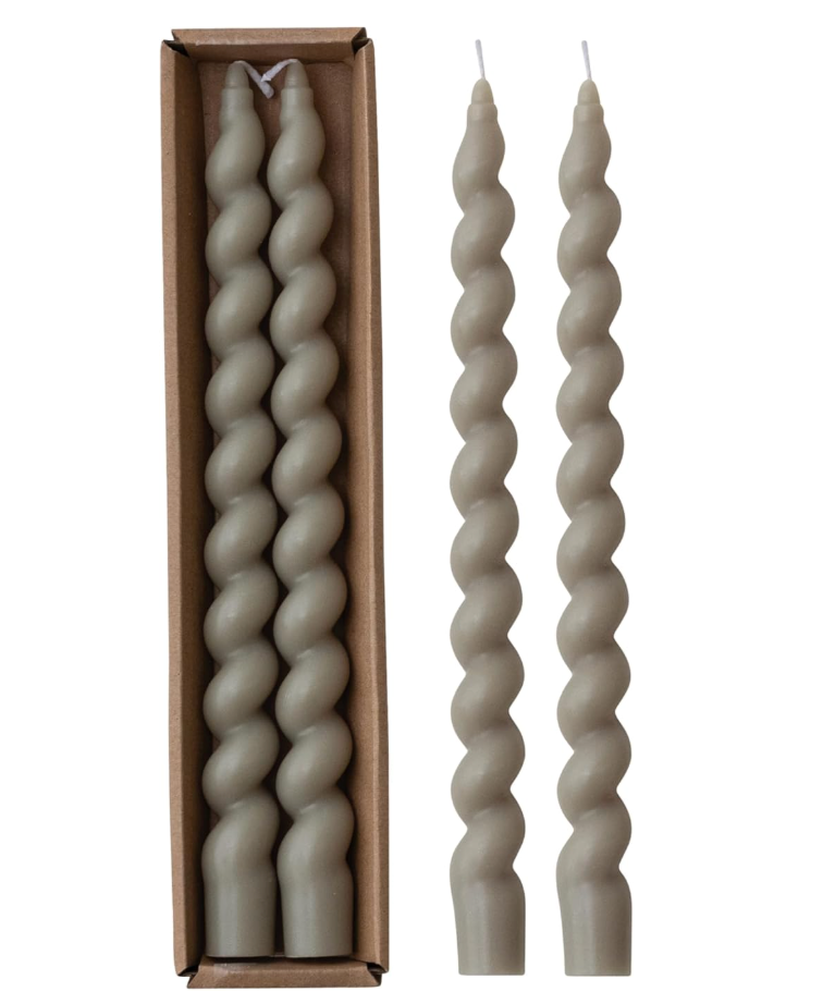 UNSCENTED TWISTED TAPER CANDLES IN BOX, GREY. SET OF 2