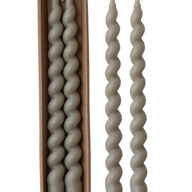 UNSCENTED TWISTED TAPER CANDLES IN BOX, GREY. SET OF 2