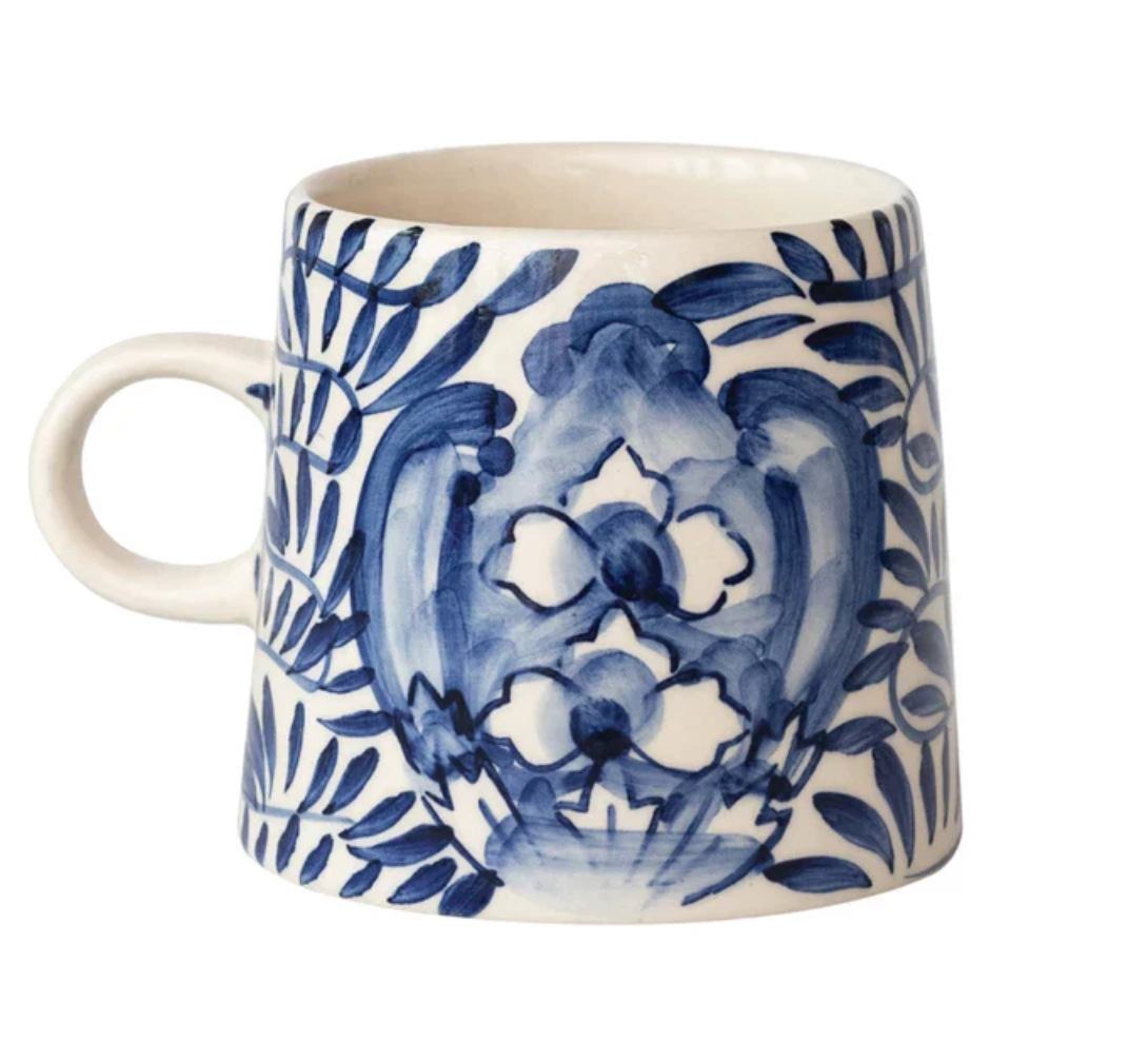10 oz. HAND-PAINTED STONEWEAR MUG WITH DESIGN, CREAM COLOR & BLUE