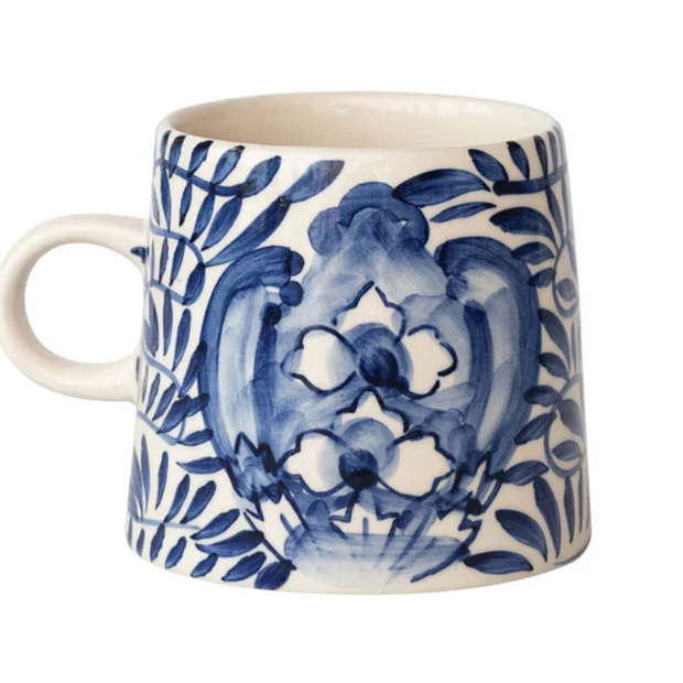 10 oz. HAND-PAINTED STONEWEAR MUG WITH DESIGN, CREAM COLOR & BLUE