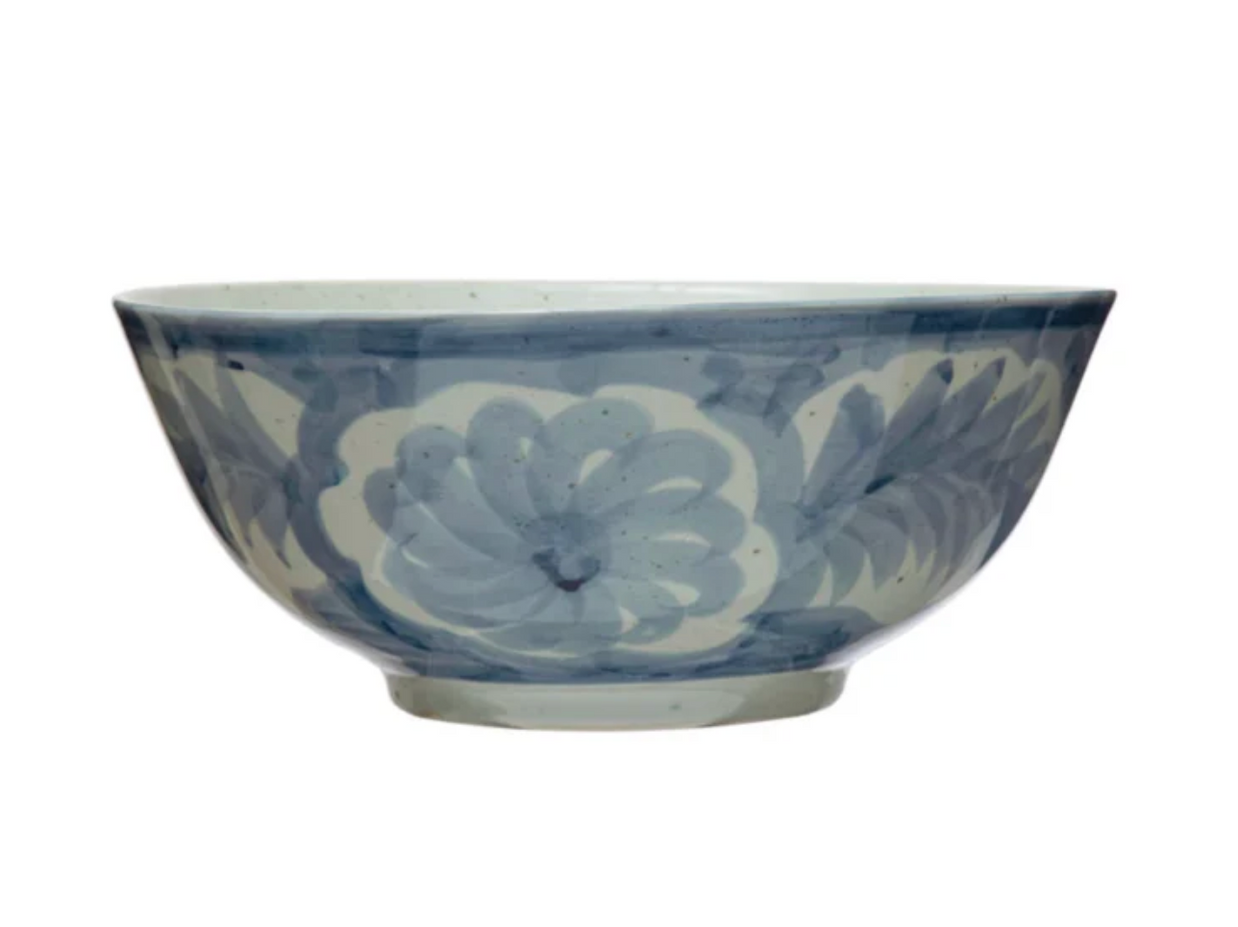 HAND-PAINTED STONEWARE BOWL W/ DESIGN, BLUE & WHITE