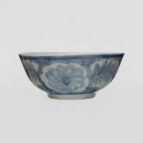 HAND-PAINTED STONEWARE BOWL W/ DESIGN, BLUE & WHITE