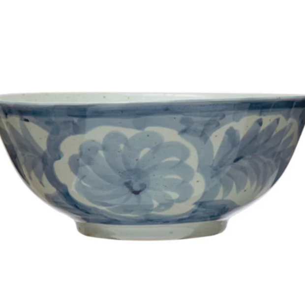 HAND-PAINTED STONEWARE BOWL W/ DESIGN, BLUE & WHITE