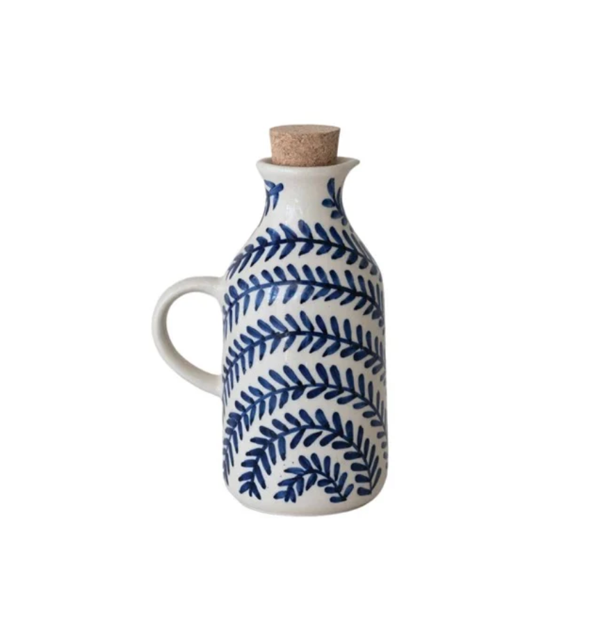 8 oz. HAND-PAINTED STONEWARE OIL CRUET W/ CORK STOPPER