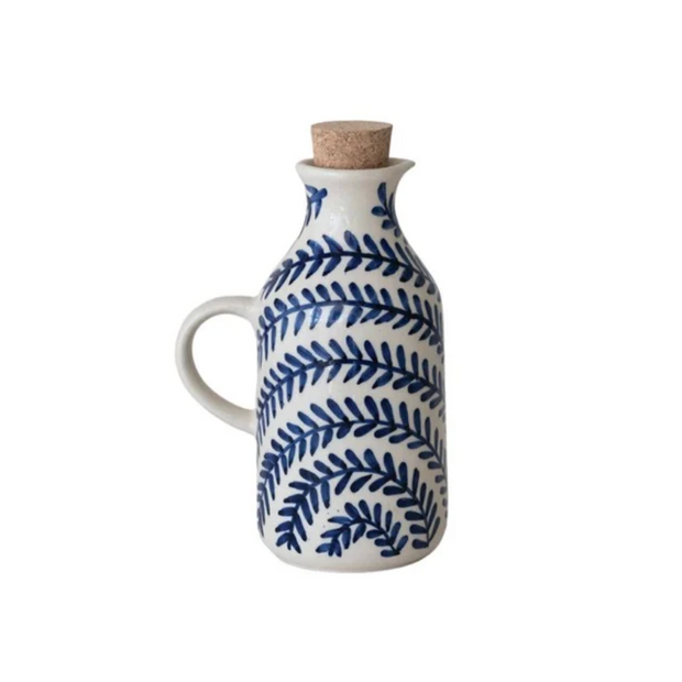 8 oz. HAND-PAINTED STONEWARE OIL CRUET W/ CORK STOPPER
