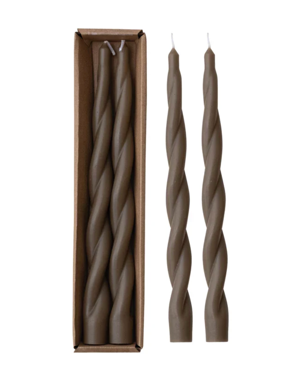 UNSCENTED TWISTED TAPER CANDLES IN BOX, BROWN. SET OF 2