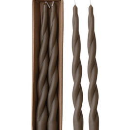 UNSCENTED TWISTED TAPER CANDLES IN BOX, BROWN. SET OF 2