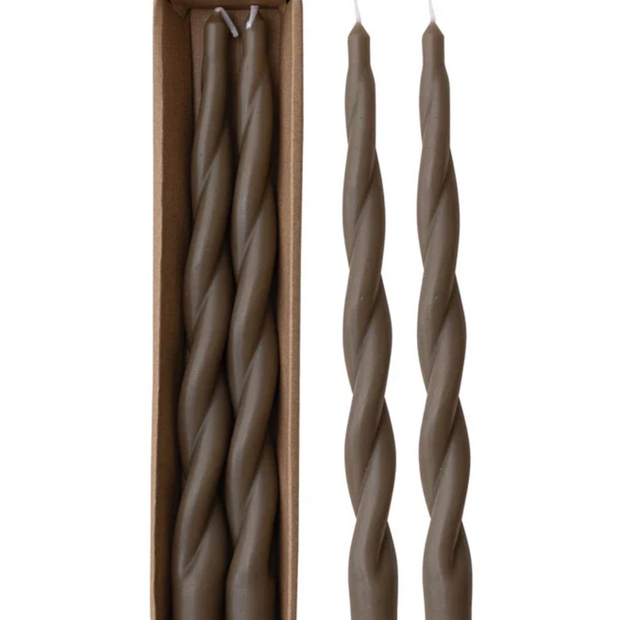 UNSCENTED TWISTED TAPER CANDLES IN BOX, BROWN. SET OF 2