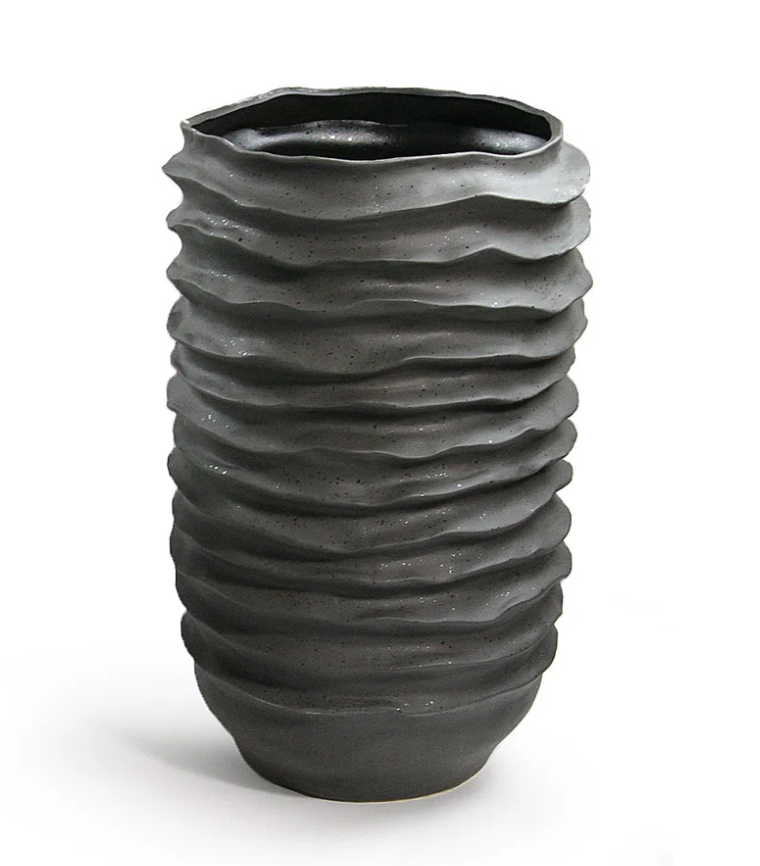 STONEWARE RIPPLE FLOOR PLANTER/VASE, MATTE BLACK