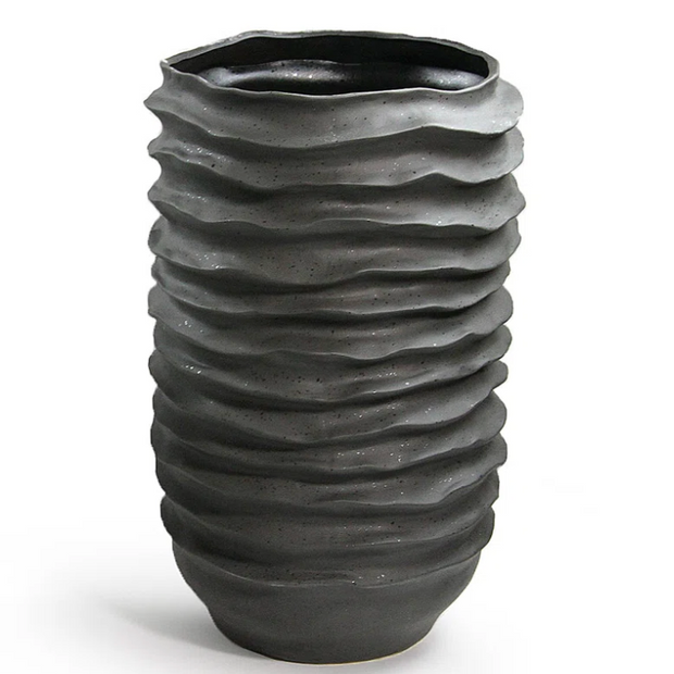 STONEWARE RIPPLE FLOOR PLANTER/VASE, MATTE BLACK