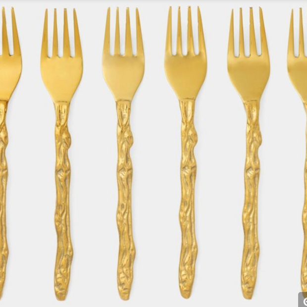 S/6 ARBOR POLISHED GOLD TWIG APPETIZER FORKS STAINLESS STEEL/BRASS
