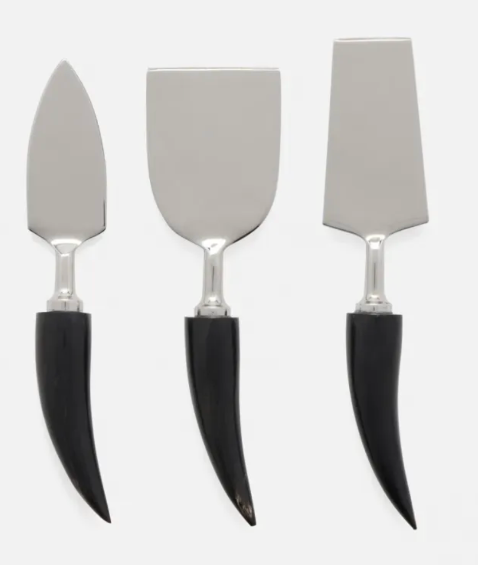 MATEO POLISHED SILVER CHEESE KNIVES HORN HANDLES SET OF 3