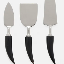 MATEO POLISHED SILVER CHEESE KNIVES HORN HANDLES SET OF 3