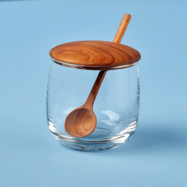 TEAK & GLASS HONEY JAR