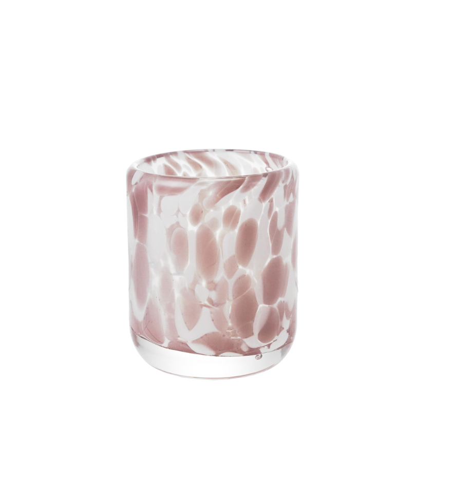 2 OZ HAND-BLOWN CONFETTI SHOT GLASS, LAVENDER COLOR & WHITE