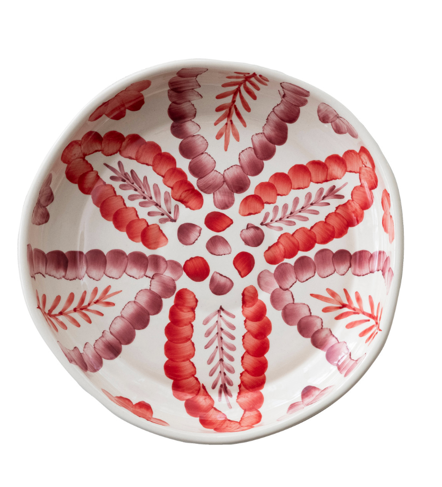 HAND-PAINTED STONEWARE SERVING BOWL WITH BOTANICAL DESIGN
