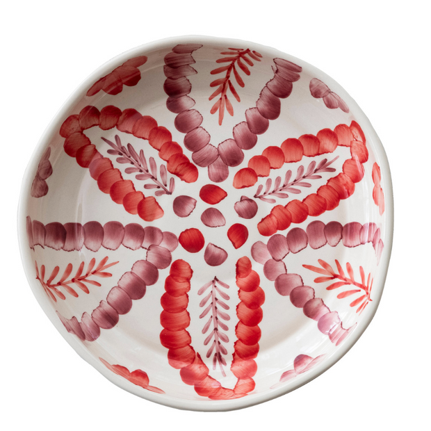 HAND-PAINTED STONEWARE SERVING BOWL WITH BOTANICAL DESIGN