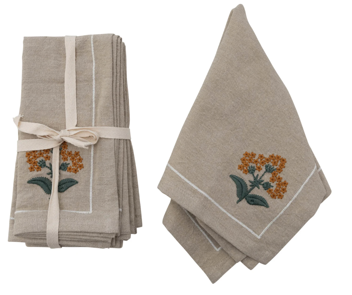 COTTON NAPKINS W/ FLORAL EMBROIDERY & FRENCH KNOTS, SET OF 4