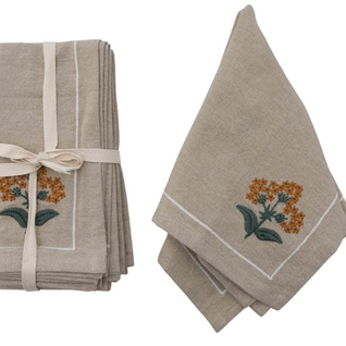 COTTON NAPKINS W/ FLORAL EMBROIDERY & FRENCH KNOTS, SET OF 4