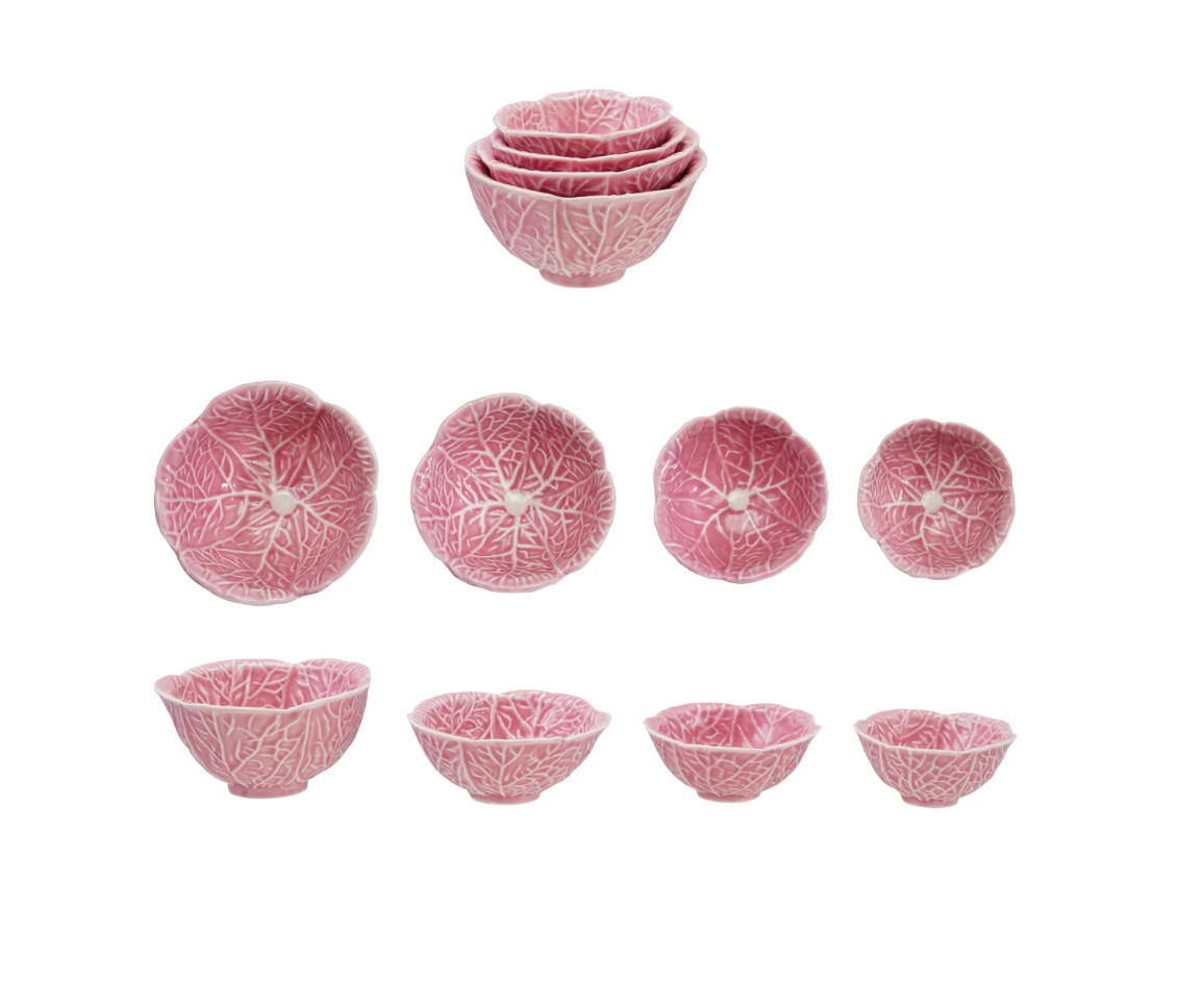 STONEWARE CABBAGE SHAPED PREP BOWLS, PINK, SET OF 4