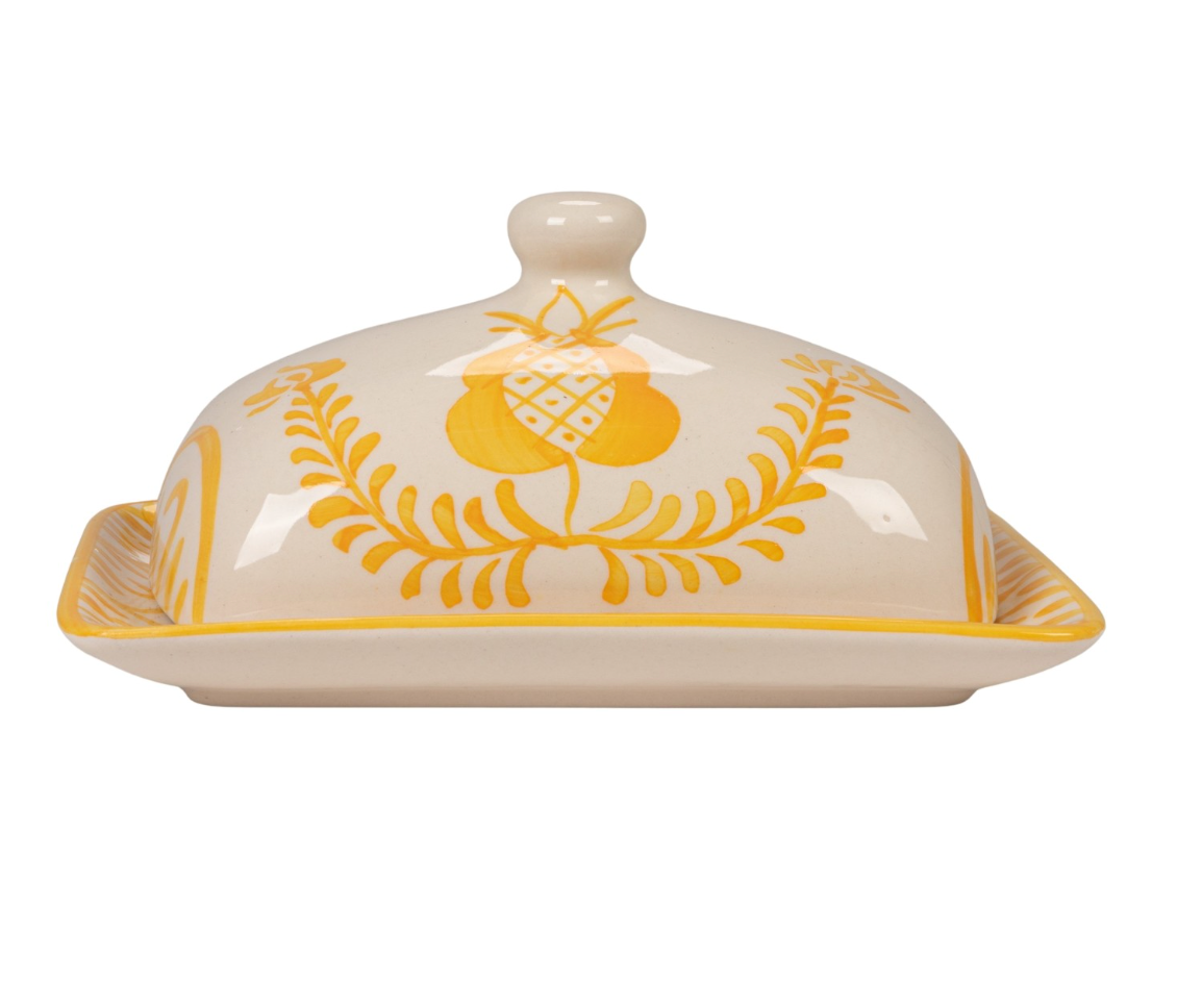 HAND-PAINTED STONEWARE BUTTER DISH WITH BOTANICAL DESIGN, YELLOW & WHITE