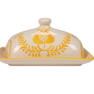 HAND-PAINTED STONEWARE BUTTER DISH WITH BOTANICAL DESIGN, YELLOW & WHITE
