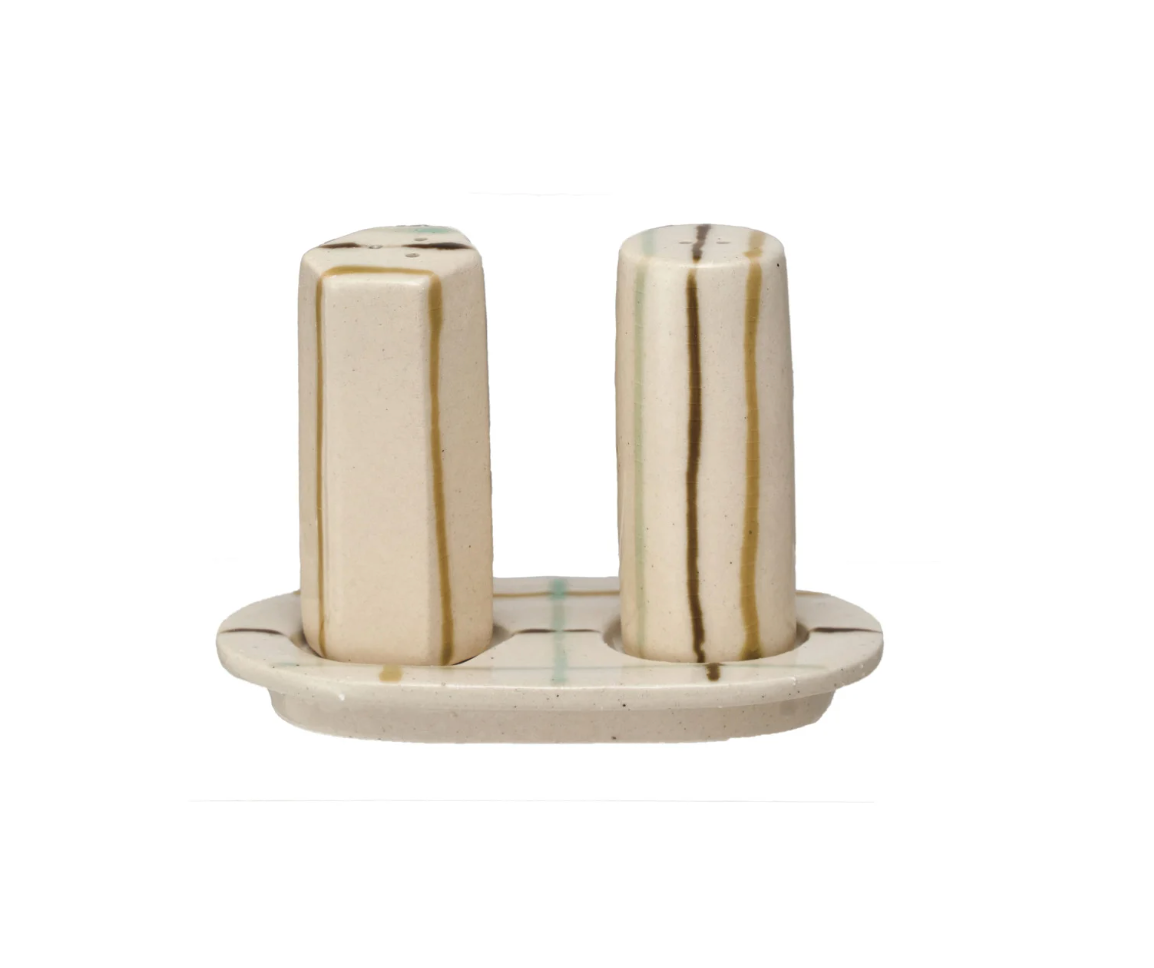 HAND-PAINTED SALT & PEPPER SHAKERS W/ TRAY, SET OF 3