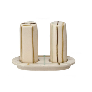 HAND-PAINTED SALT & PEPPER SHAKERS W/ TRAY, SET OF 3