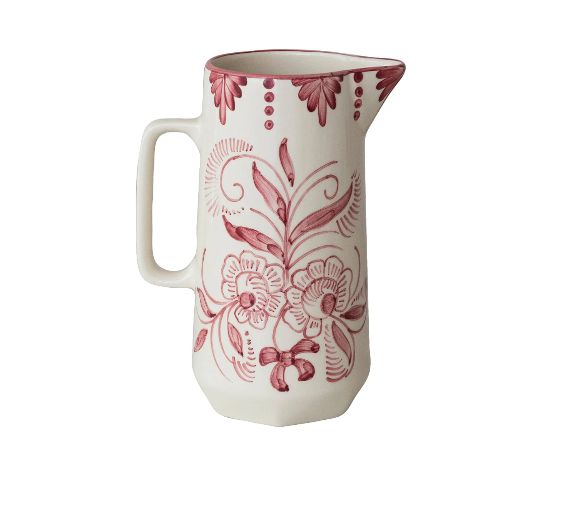 60 OZ HAND PAINTED STONEWARE PITCHER W/ BOTANICAL DESIGN