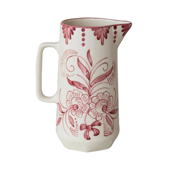 60 OZ HAND PAINTED STONEWARE PITCHER W/ BOTANICAL DESIGN