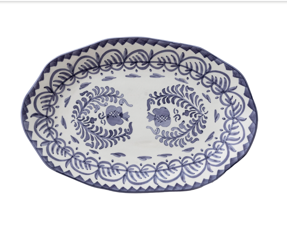 HAND-PAINTED STONEWARE ORGANIC SHAPED PLATTER W/ BOTANICAL DESIGN